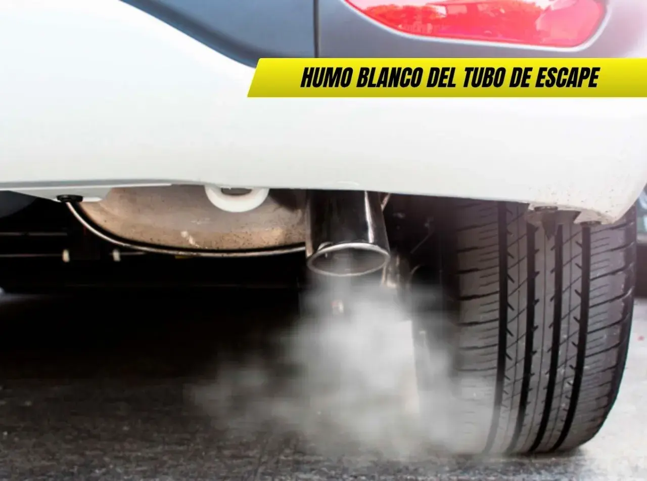 Humo blanco escapa del tubo de escape de un coche, indicando posible problema.
