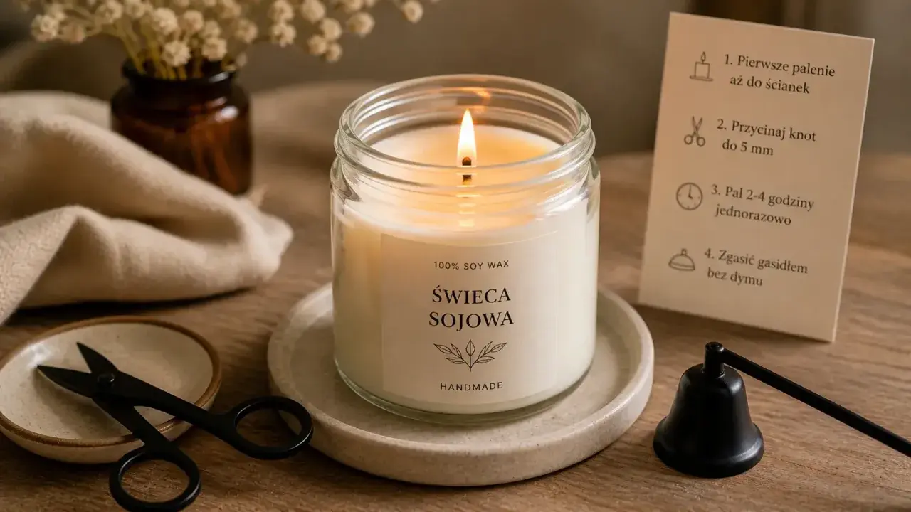 Płonąca świeca sojowa w szklanym słoiku, obok instrukcji palenia i akcesoriów.