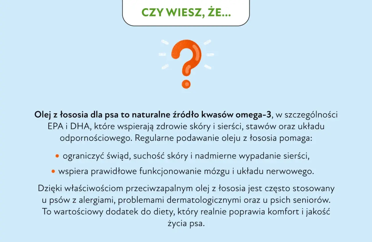 Olej z łososia dla psa to naturalne źródło kwasów omega-3, wspierające skórę, sierść i stawy. Pomaga ograniczyć świąd i wypadanie sierści.