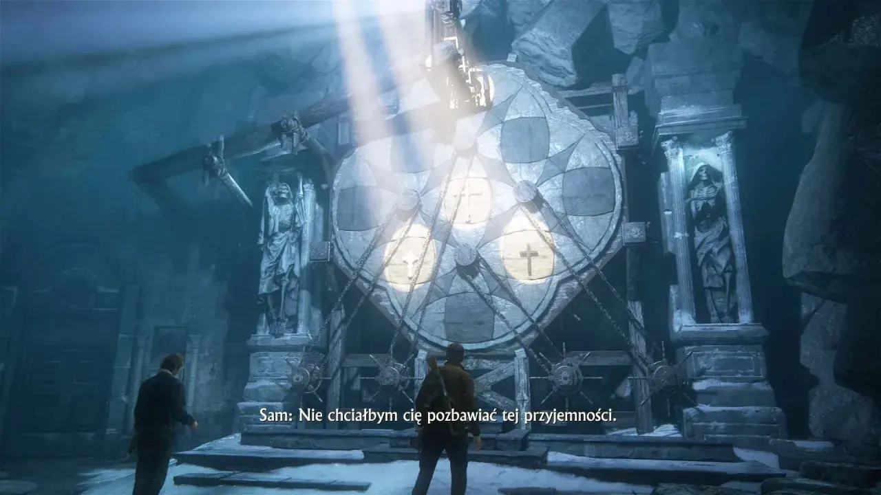 Uncharted 4 poradnik: Nathan i Sam odkrywają tajemniczy mechanizm w jaskini.