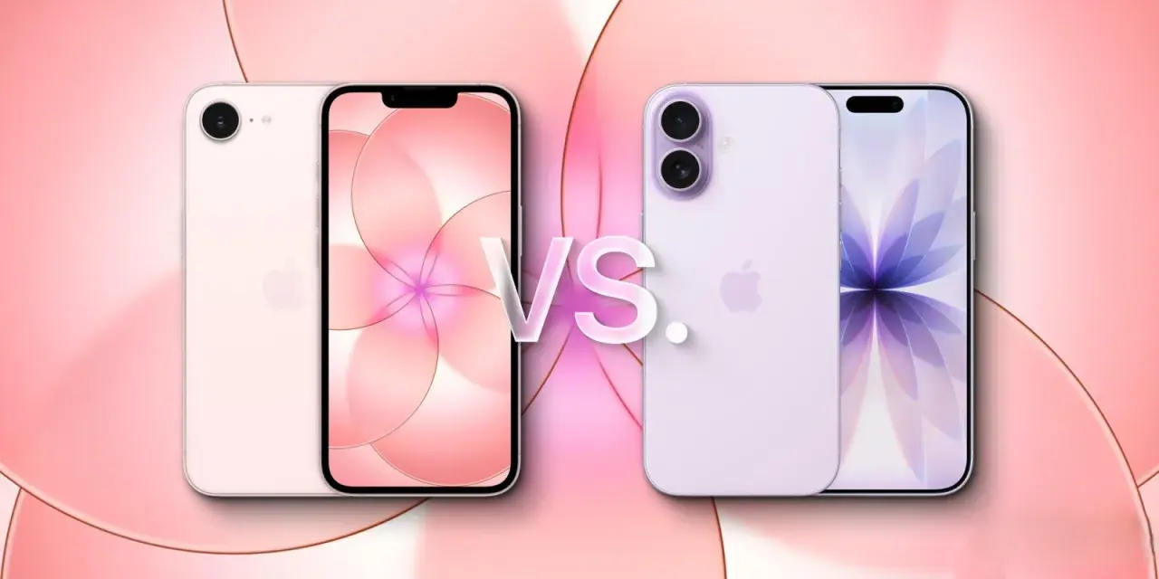 Porównanie iPhone'ów: który iPhone jest najbardziej opłacalny? Różowe i fioletowe modele iPhone'ów na tle pastelowych kształtów.