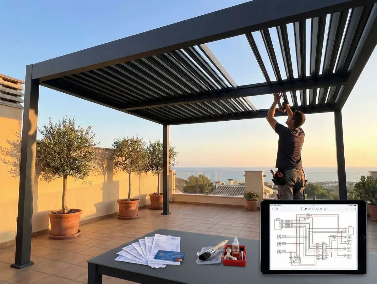 Instalación de una **pérgola bioclimática que es** un techo moderno con lamas ajustables, ideal para disfrutar del exterior.