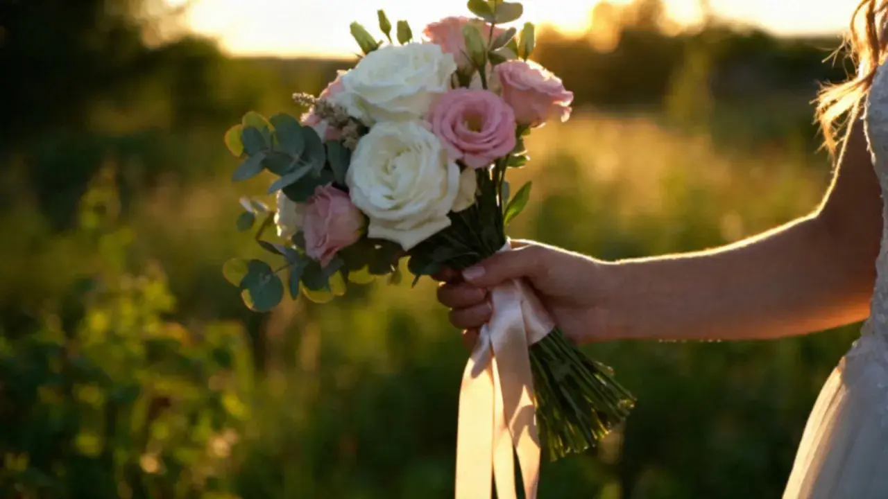 Dłoń panny młodej trzyma bukiet róż i eukaliptusa, ozdobiony satynową wstążką. Różne rodzaje wstążek florystycznych dodają uroku.