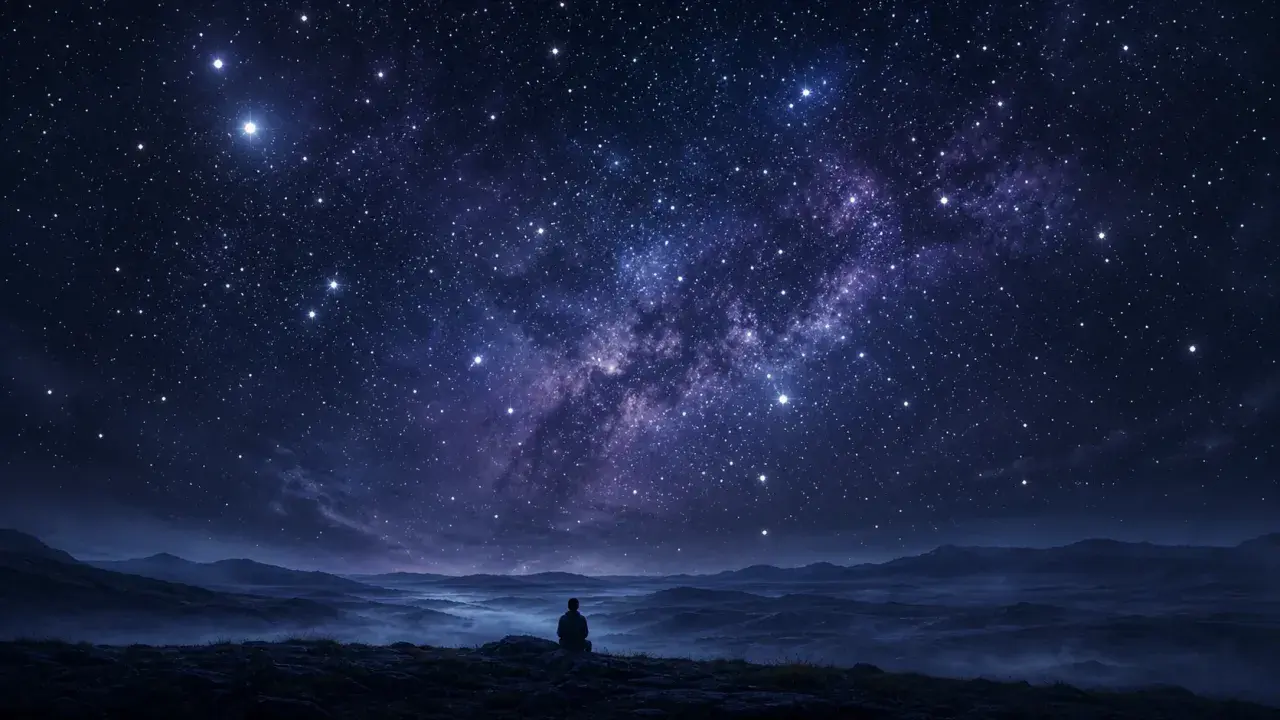 Persona sentada en una colina, contemplando un cielo estrellado y brumoso. Es un lugar perfecto para soñar con estrellas fugaces y pedir deseos.