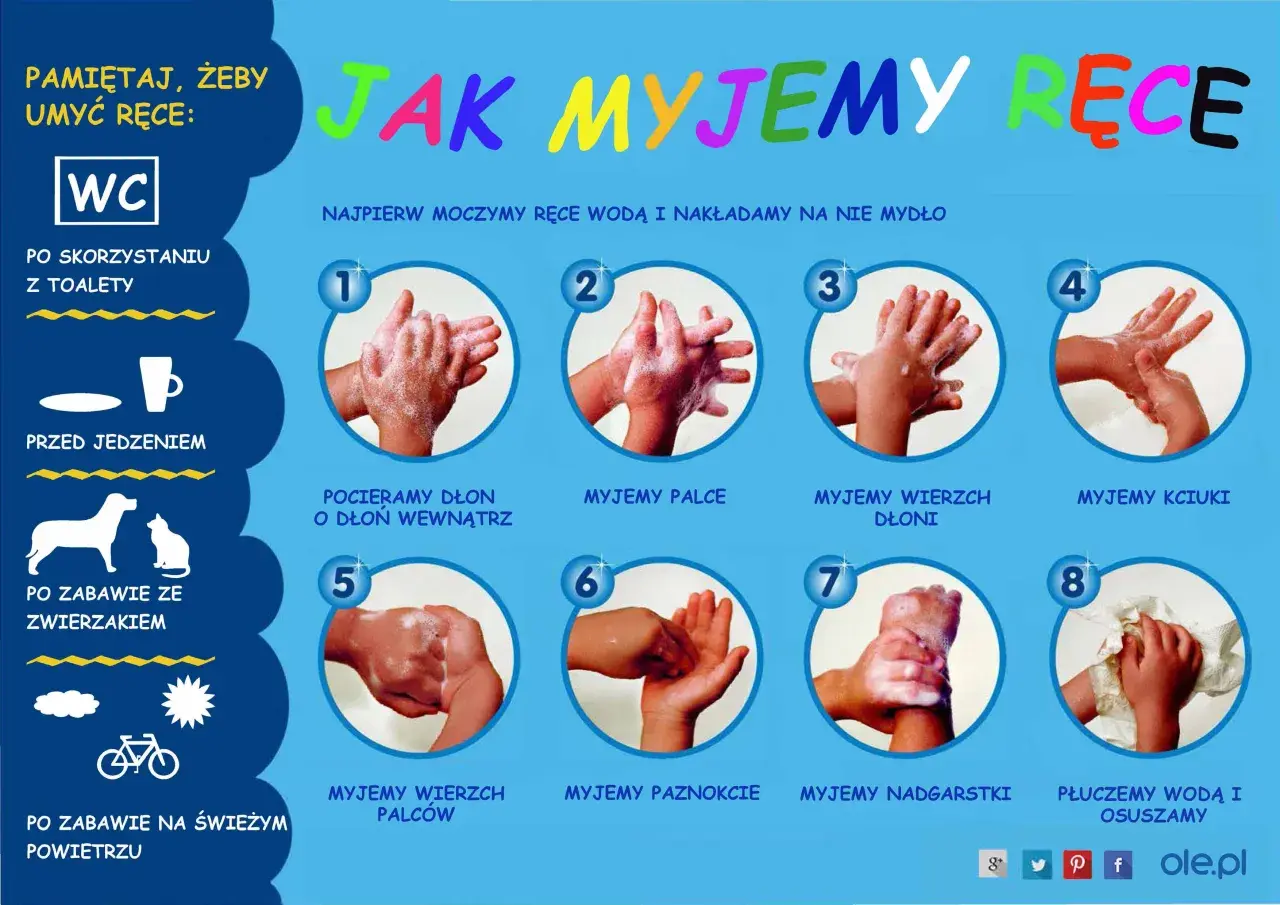 Instrukcja mycia rąk: od zmoczenia po osuszenie. Pamiętaj o myciu rąk po toalecie, przed jedzeniem, po zabawie ze zwierzakami i na świeżym powietrzu.