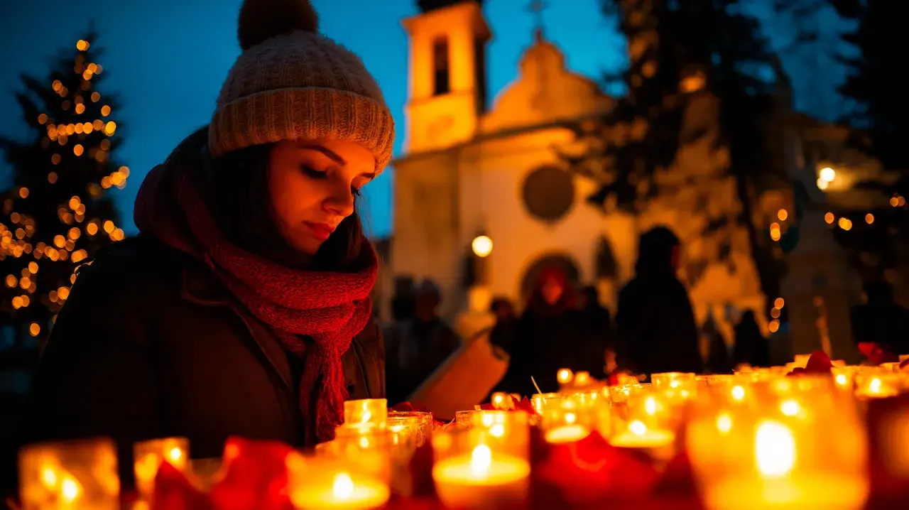 Dziewczyna zamyślona przy świecach, przypomina o tym, jakie są tradycje związane z odwiedzaniem cmentarzy w innych kulturach.