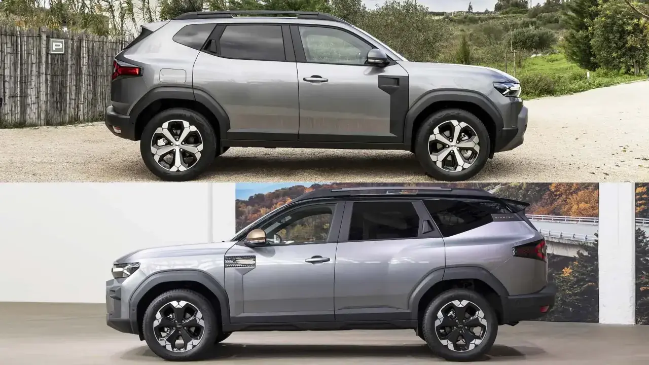 Due Dacia Duster grigie, una all'aperto e una in uno showroom, mostrano il design robusto della nuova Dacia Striker.