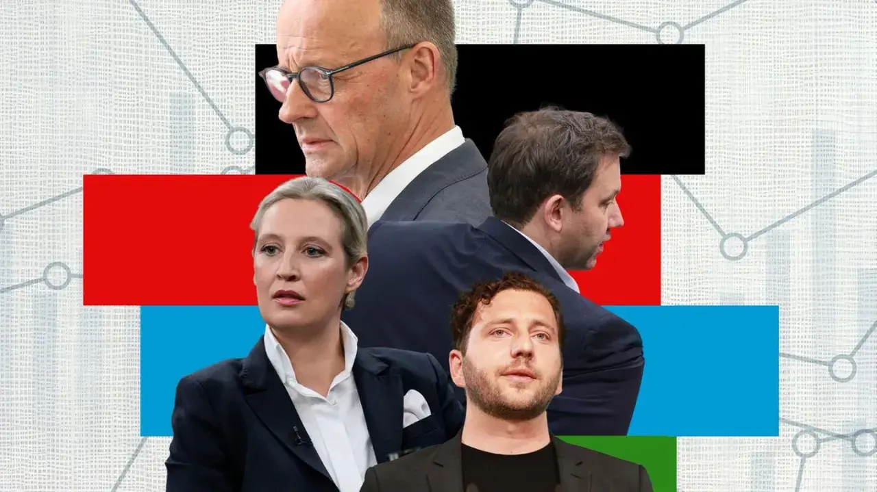 Politikergesichter vor bunten Flächen und Diagrammen. Die sonntagsfragen heute: Wer wird die Zukunft gestalten?