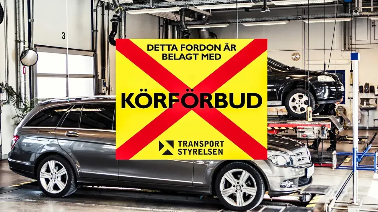 Bilbesiktning: skylt med texten "Körförbud" över en bil. Sista besiktningsdag kan vara en mardröm.