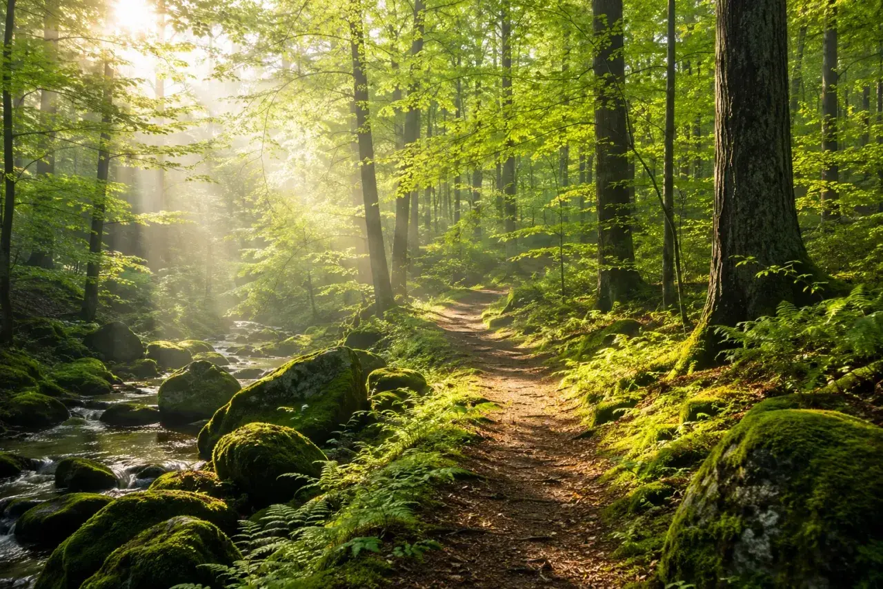 Promienny las, ścieżka i strumyk zapraszają na **shinrin yoku**. Promienie słońca przebijają się przez liście, tworząc magiczną atmosferę.