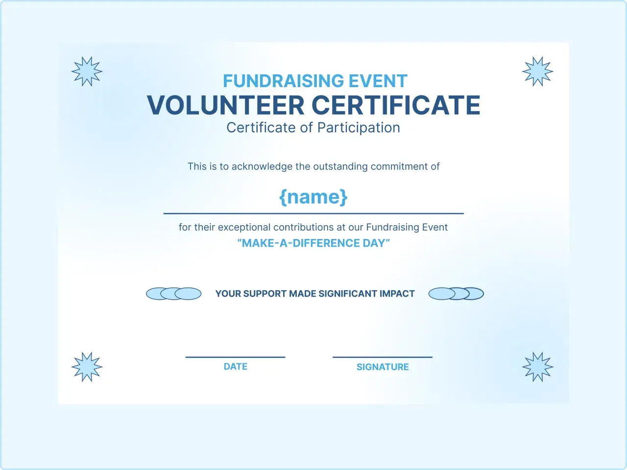 Volunteer certificate for a fundraising event, acknowledging outstanding commitment. This could be for online volunteering opportunities with a certificate.