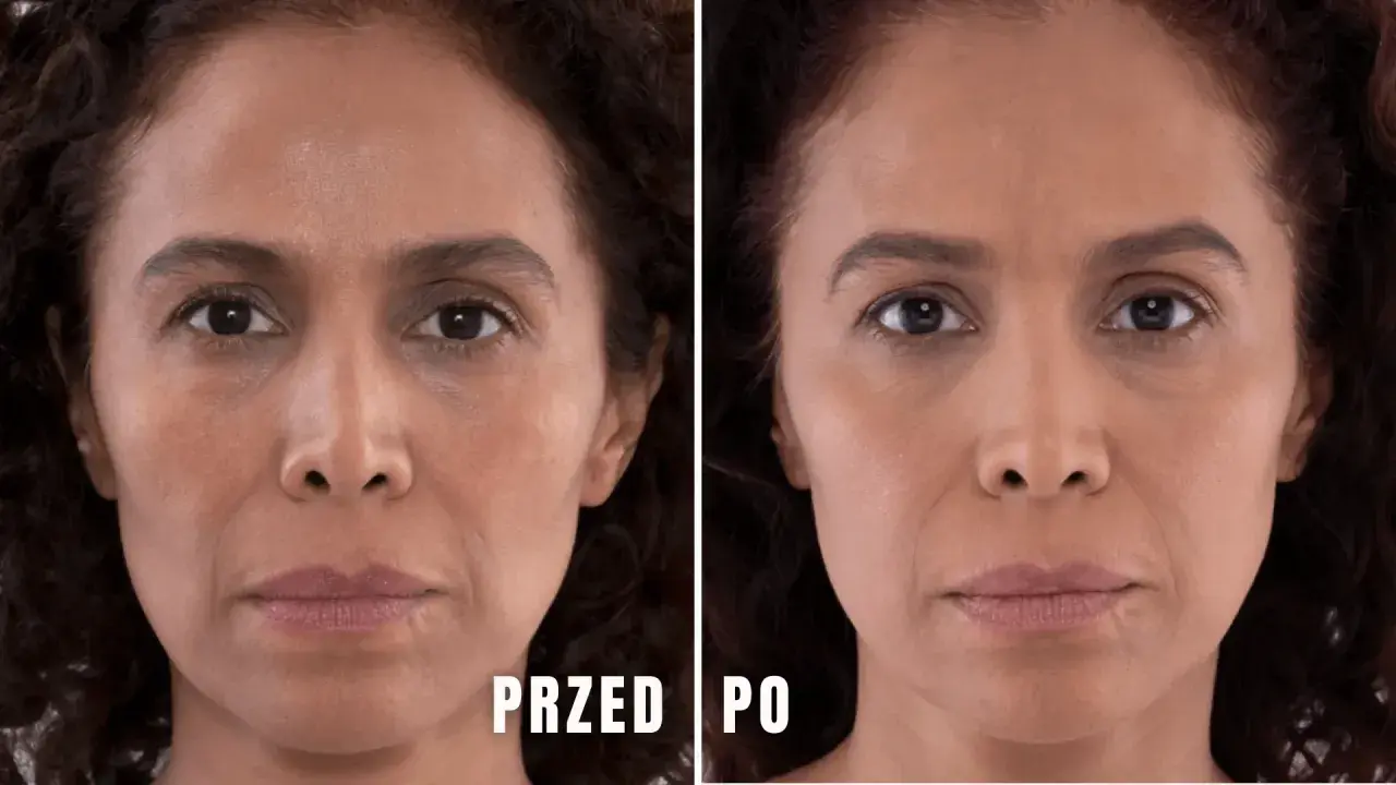Przed i po zabiegu z użyciem kwasu polimlekowego pod oczy. Skóra wokół oczu jest gładsza, cienie zredukowane.