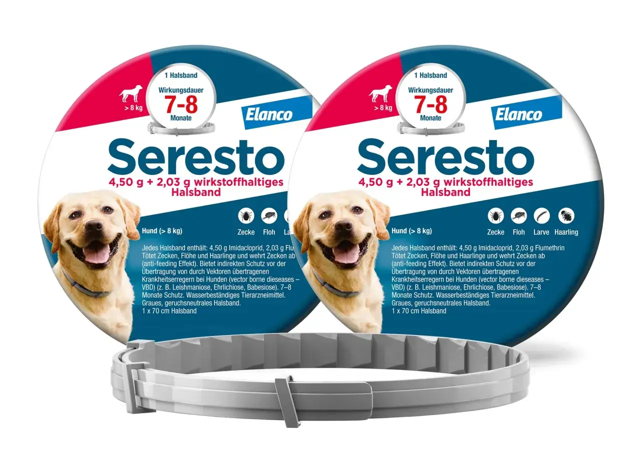 Zwei Seresto Halsbänder für Hunde (>8kg) mit 7-8 Monaten Schutz vor Zecken, Flöhen und Haarlingen. Informationen zu Wirkstoffen und indirektem Schutz vor Krankheiten. Keine Erwähnung von Seresto Halsband Nebenwirkungen.