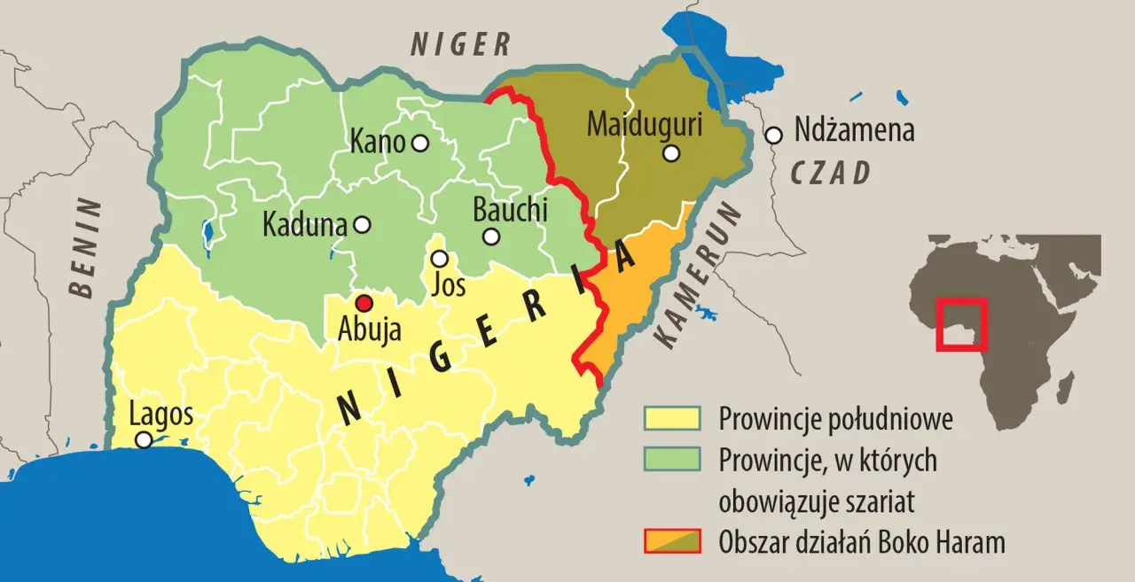 Mapa Afryki z zaznaczoną Nigerią. Pokazuje, gdzie leży Nigeria, jej stolice (Abuja, Lagos) i sąsiadów (Benin, Niger, Kamerun, Czad).