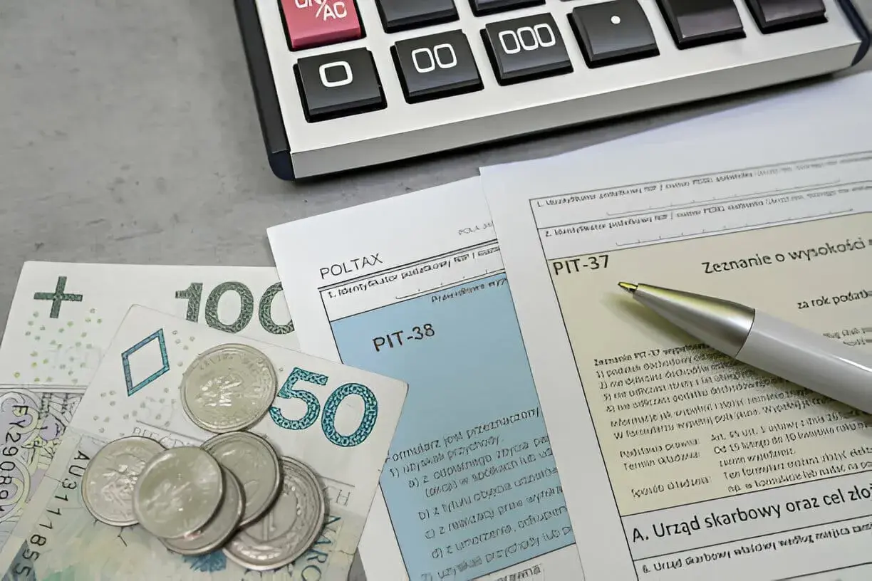 Zestawienie dokumentów podatkowych PIT-37 i PIT-38, pieniądze i kalkulator. Czas na rozliczenie zaliczki na podatek dochodowy.