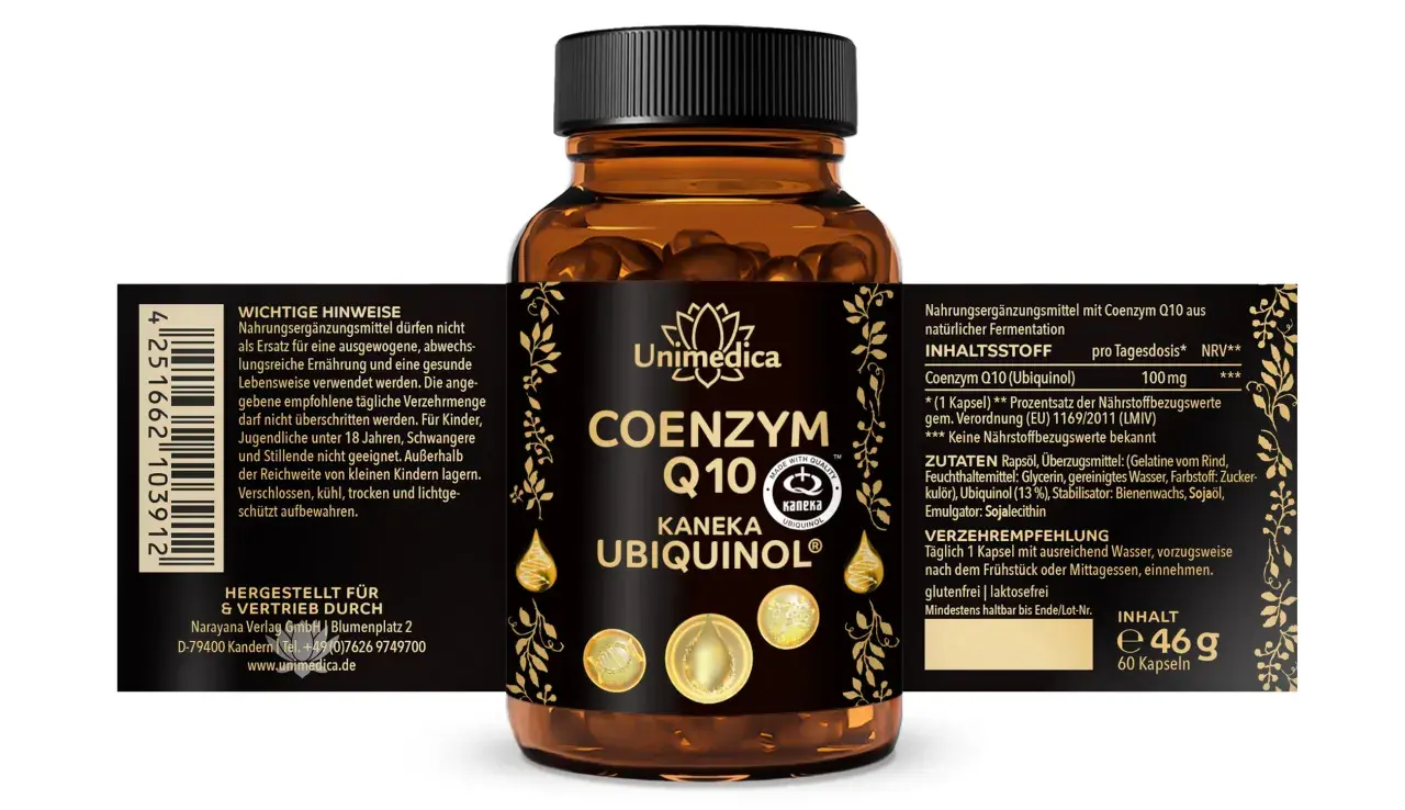 Unimedica Coenzym Q10 (Ubiquinol) Kapseln, 100 mg Ubiquinol pro Tagesdosis. Was ist Ubiquinol? Es ist die aktive Form von Coenzym Q10.