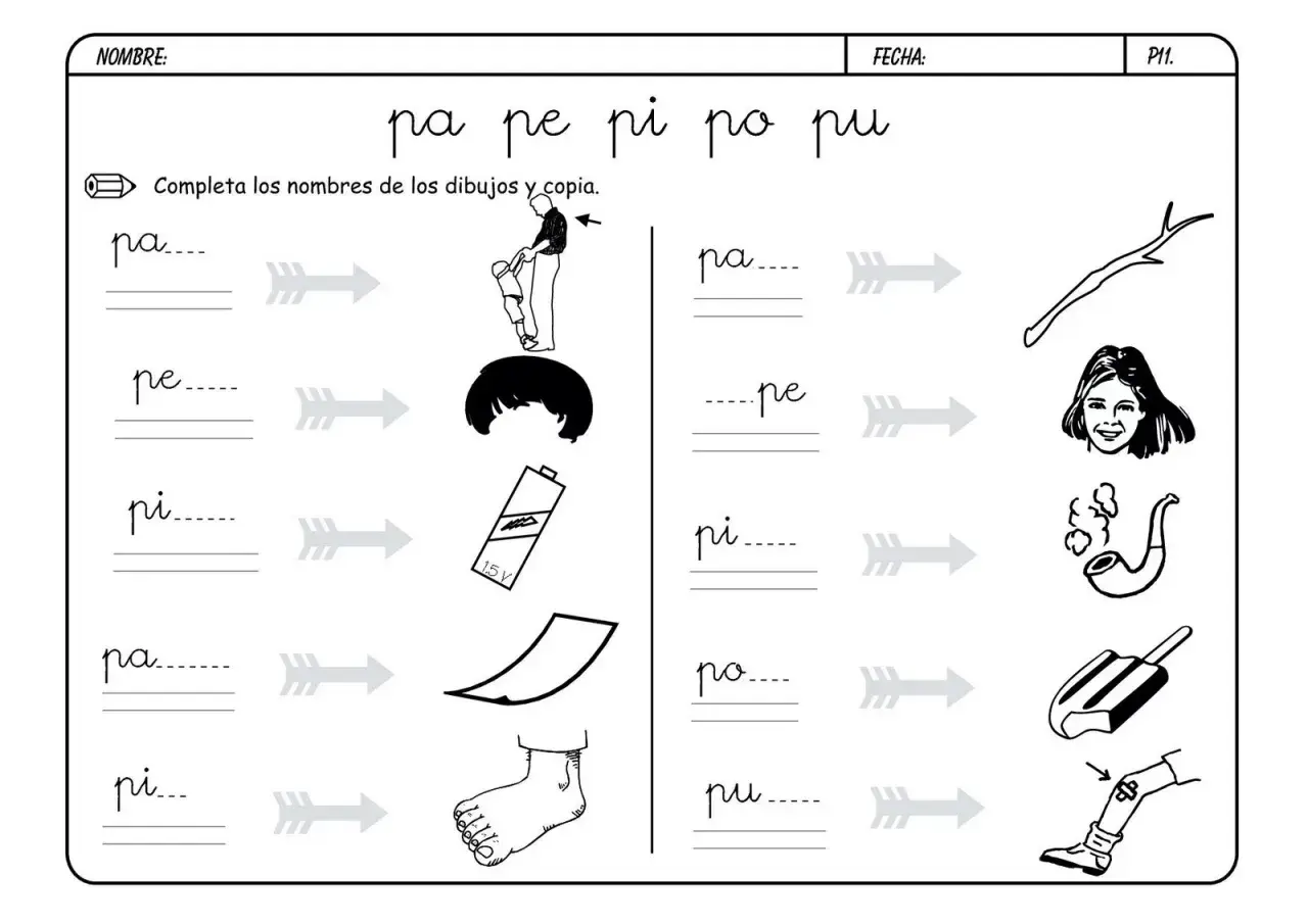 Hoja de trabajo para practicar las **fichas letra p**. Ejercicios para completar palabras con sílabas como pa, pe, pi, po, pu, asociándolas a dibujos.