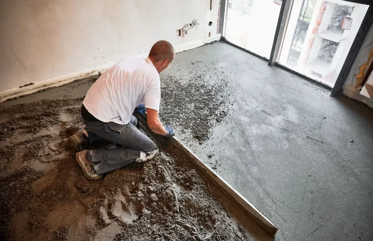Budowlaniec klęczy, wyrównując świeży jastrych za pomocą łaty.