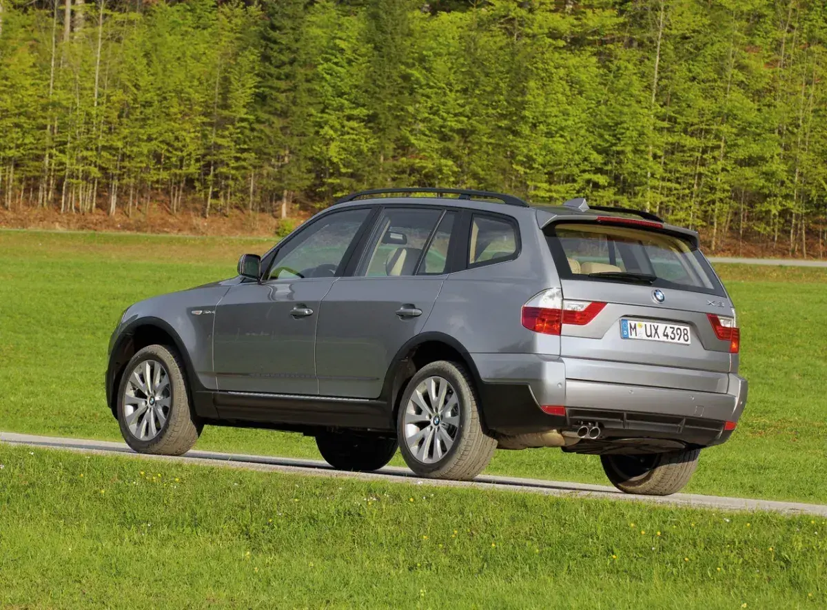 Szary BMW E83 na tle zielonego lasu i łąki.