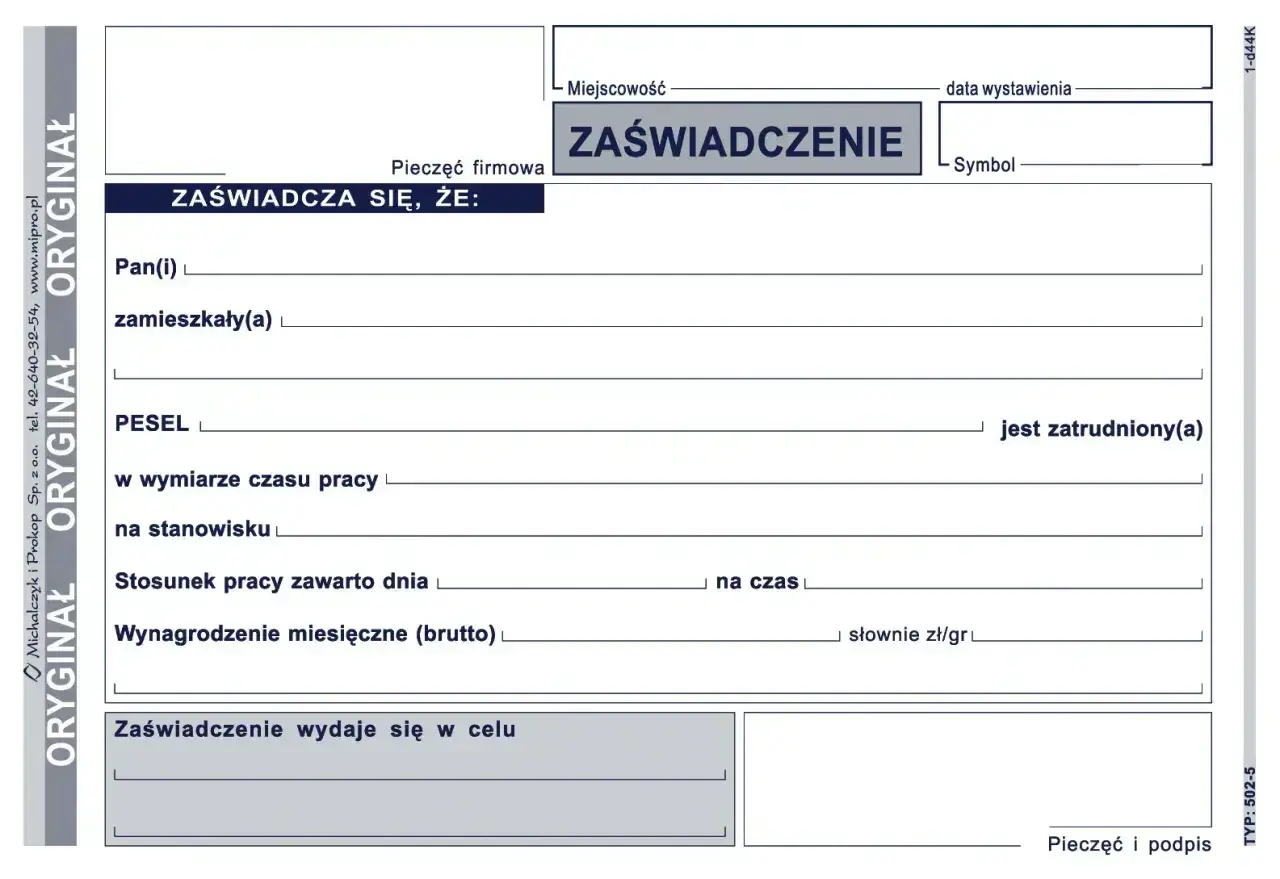 Formularz potwierdzenie zatrudnienia. Zawiera dane pracownika, stanowisko, wynagrodzenie i cel wydania zaświadczenia.