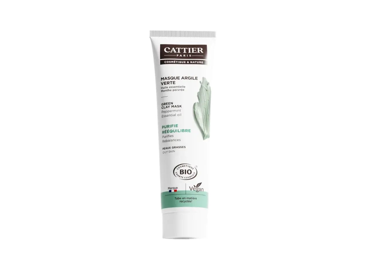 Tube de masque à l'argile verte Cattier, idéal pour le bienfait d'un masque argile purifiant et rééquilibrant pour peaux grasses.