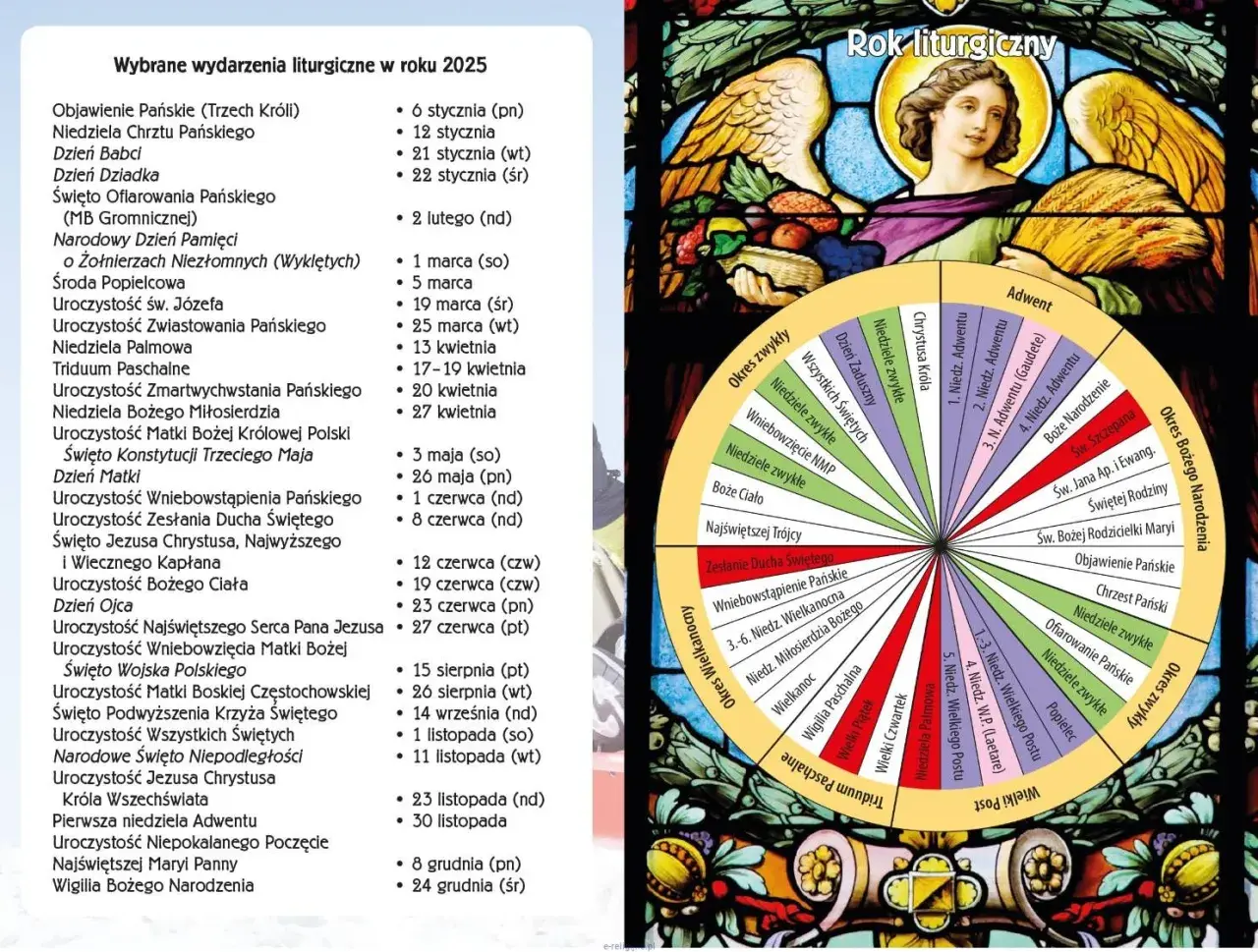 Kalendarz liturgiczny na 2025 rok, z datami ważnych świąt i uroczystości, jak 29 stycznia.