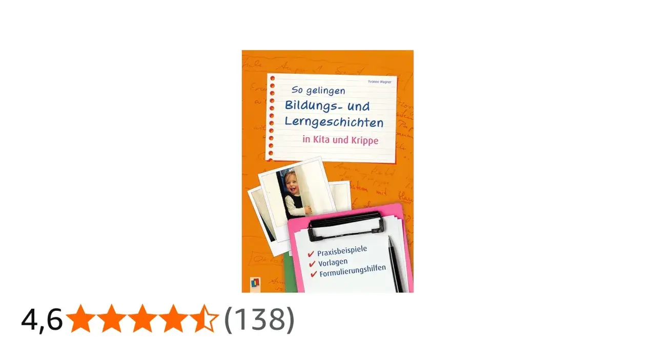 Buchcover "So gelingen Bildungs- und Lerngeschichten in Kita und Krippe" mit Fotos eines lachenden Kindes und einer Kladde mit Checklisten.