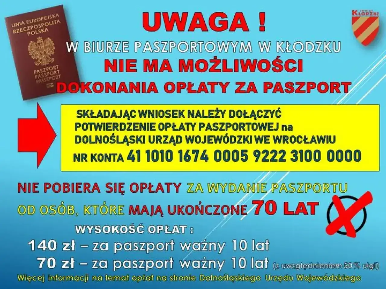 Informacja o tym, ile kosztuje paszport: 140 zł za 10 lat, 70 zł dla osób powyżej 70 lat. Opłaty dokonaj przelewem.