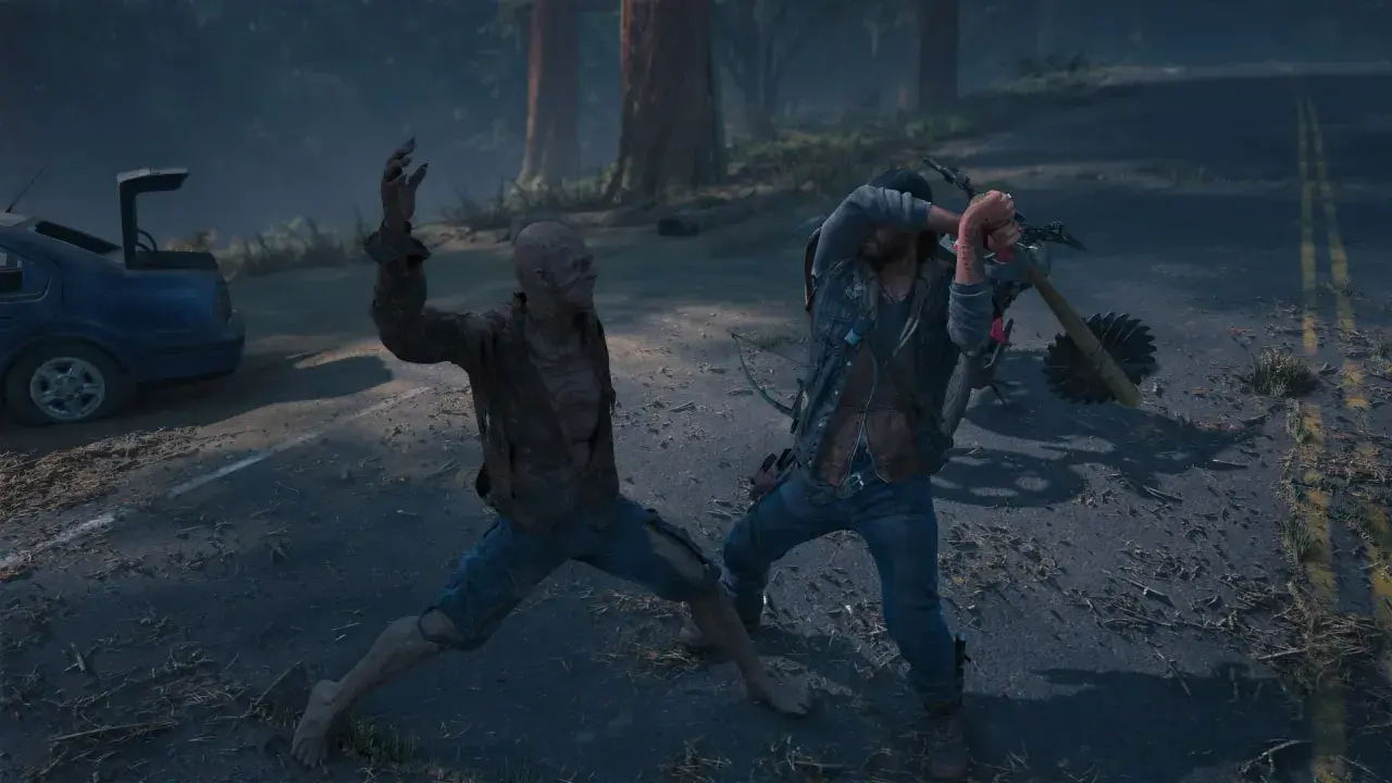 Deacon walczy z Freakerem na drodze, jak w poradniku Days Gone.