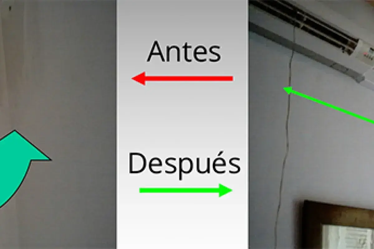 Un aire acondicionado con su compresor, mostrando un antes y un después con flechas indicando un cambio.