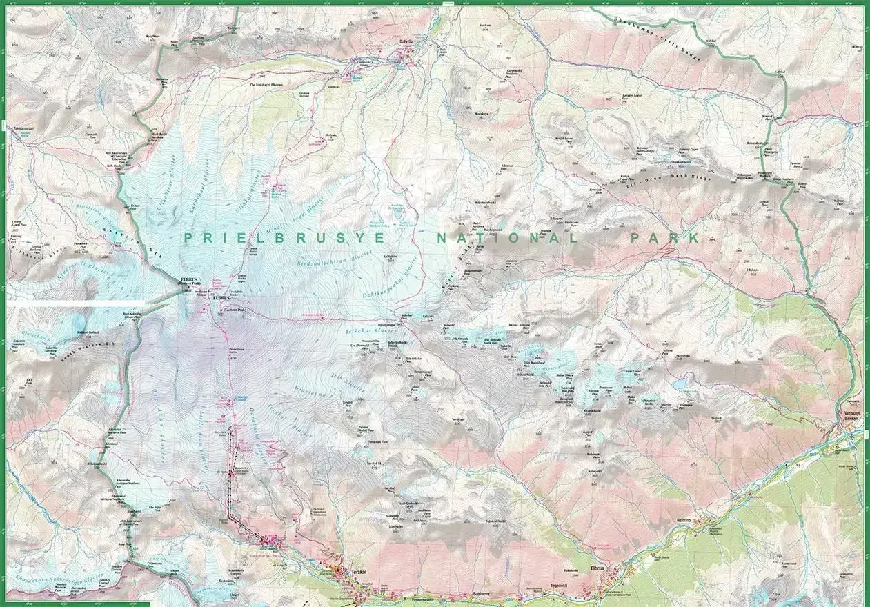 Mapa turystyczna Prielbrusye National Park. Widoczne lodowce, szlaki i miejscowości, w tym Elbrus. Tu dowiesz się, gdzie leży Elbrus.