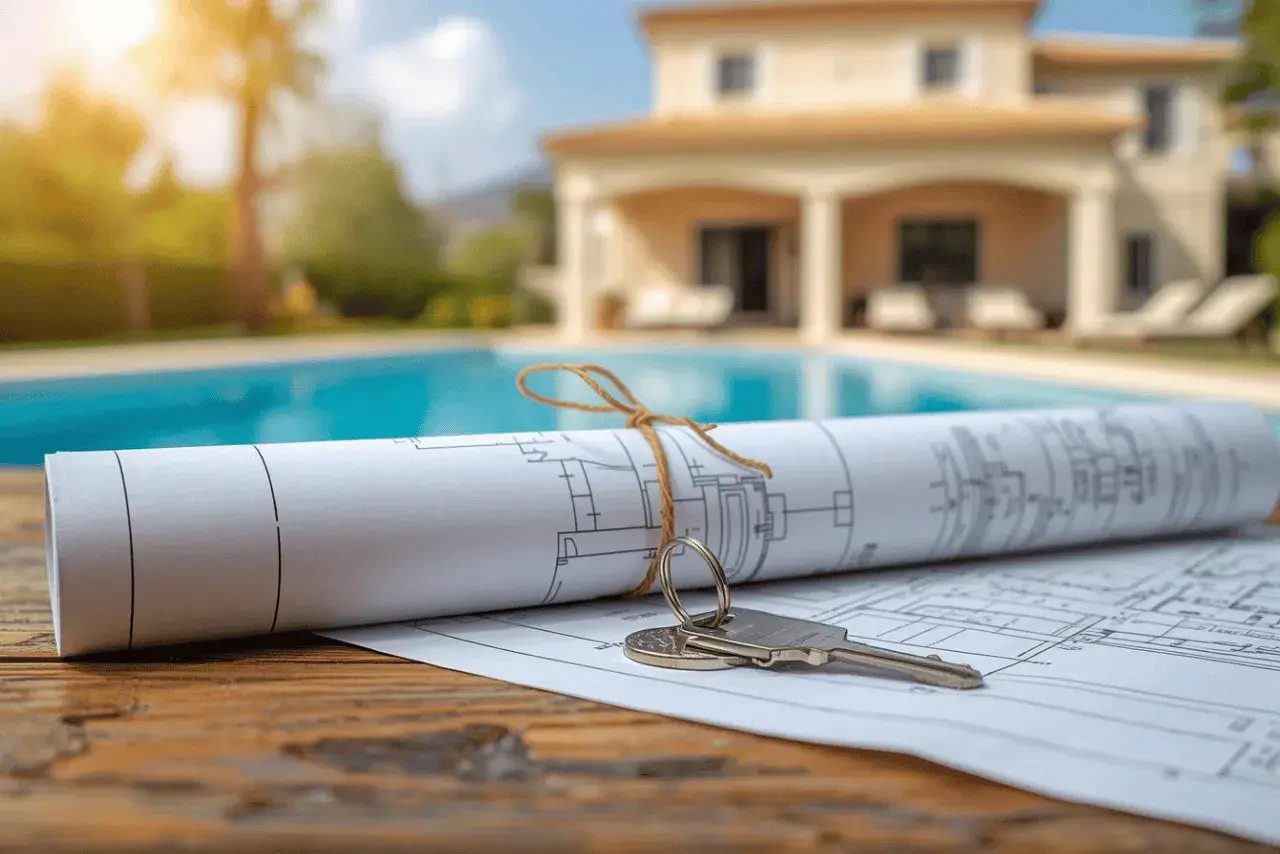 Planos de una casa con piscina y llaves, ilustrando la diferencia entre catastro y registro de la propiedad.