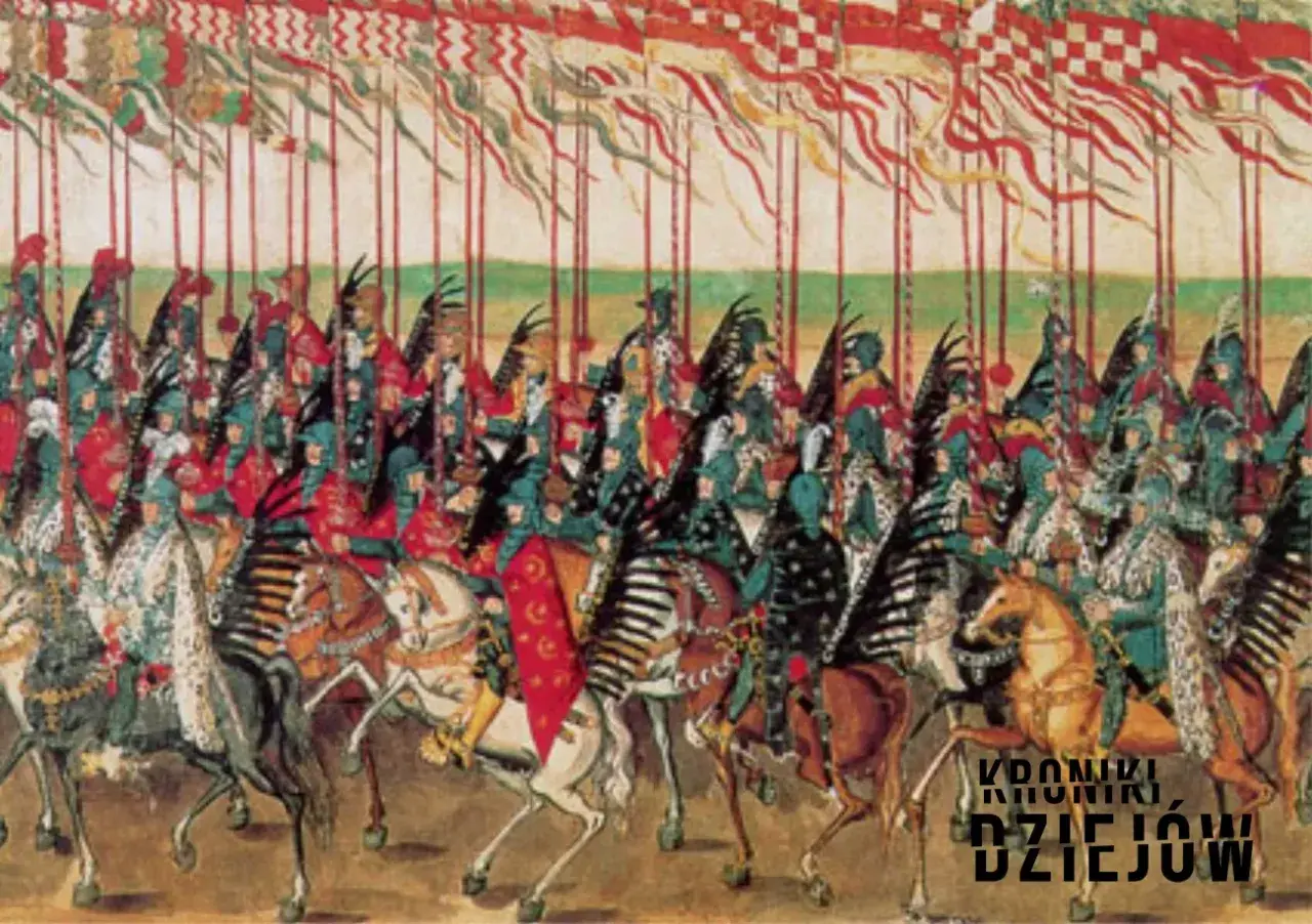 Wspaniała wizja husarii w pełnej krasie, z pióropuszami i chorągwiami, gotowa do bitwy.