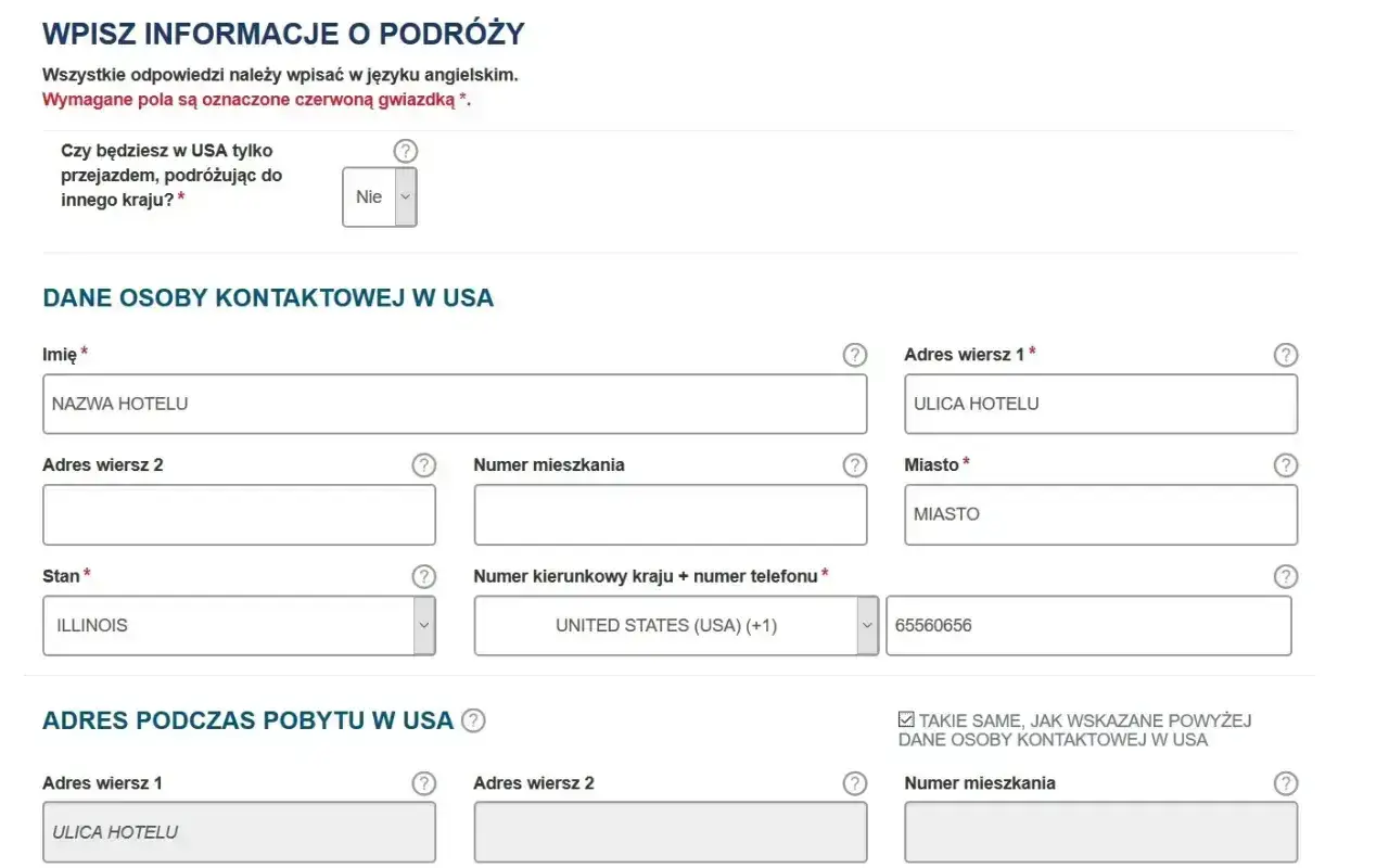 Formularz podróżny: dane kontaktowe w USA. Pytanie "Czy do USA potrzebna jest wiza?" i pola adresowe.