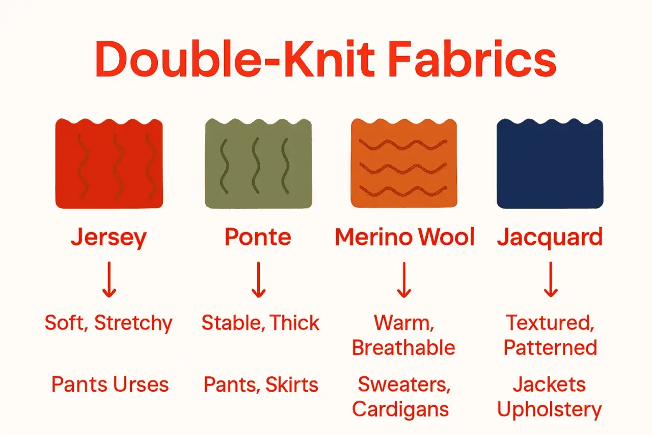 Diagram showing different types of double knit fabric: Jersey (soft, stretchy), Ponte (stable, thick), Merino Wool (warm, breathable), and Jacquard (textured, patterned).
