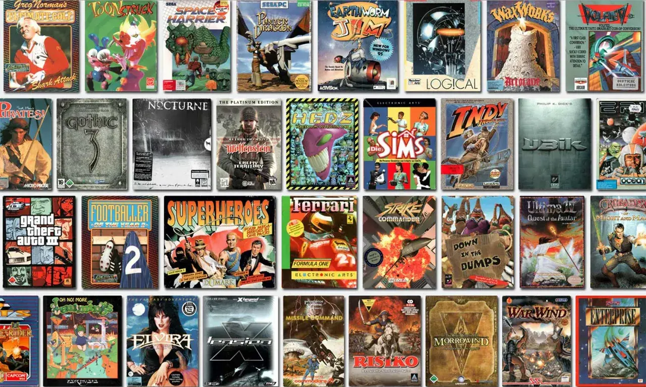 Kolekcja okładek gier na PC z lat 2000. Znajdziemy tu takie perełki jak Gothic 3, The Sims, czy Wolfenstein.