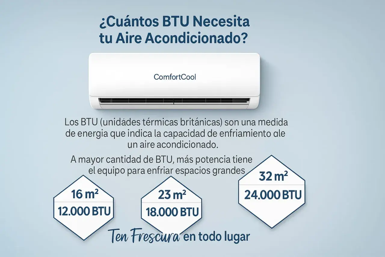 Aire acondicionado ComfortCool. Guía de medidas motor: 16m² (12.000 BTU), 23m² (18.000 BTU), 32m² (24.000 BTU).