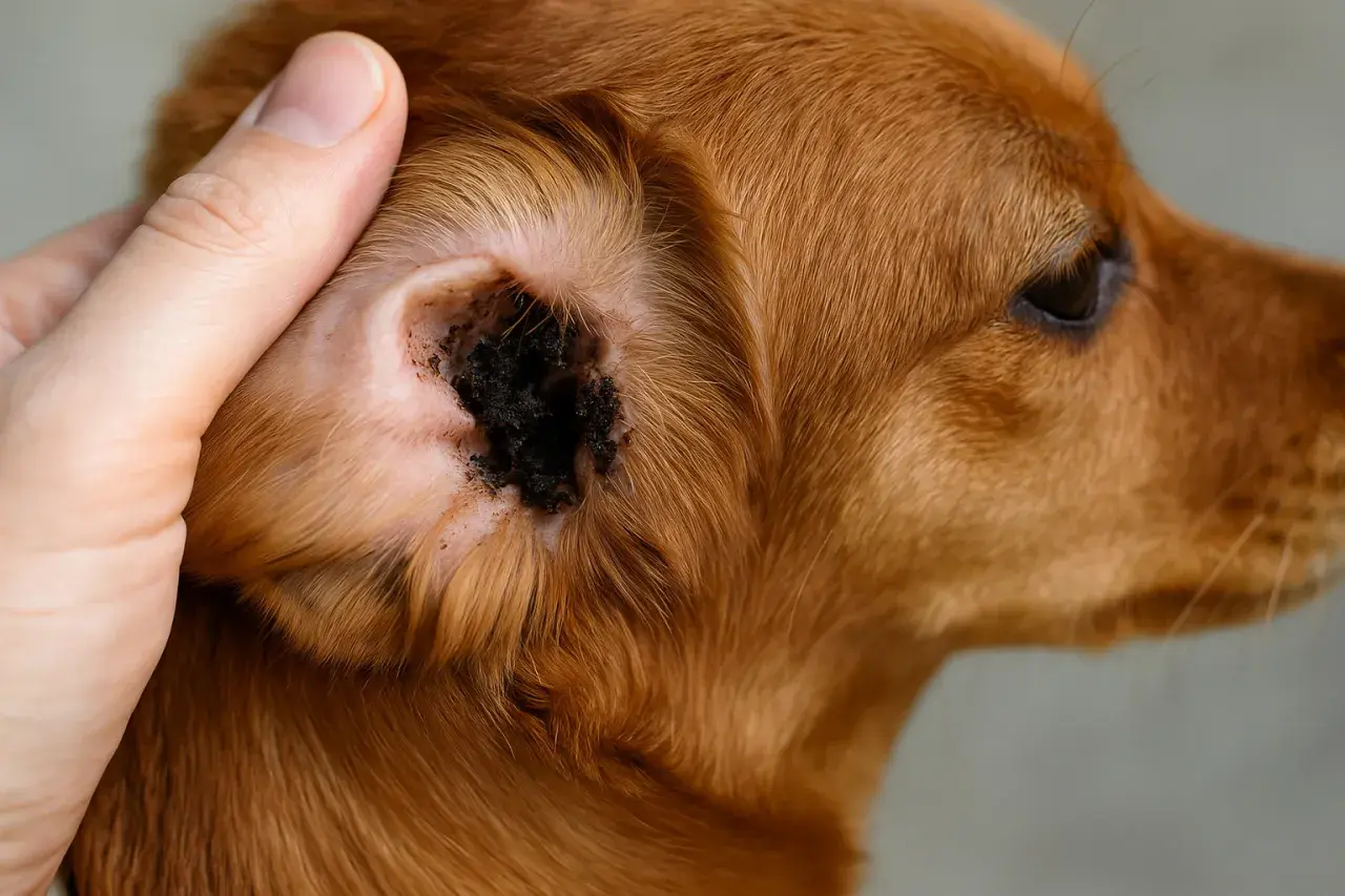Orecchio di un cane con accumulo di cerume scuro e detriti, possibile infestazione da acari orecchie cane.