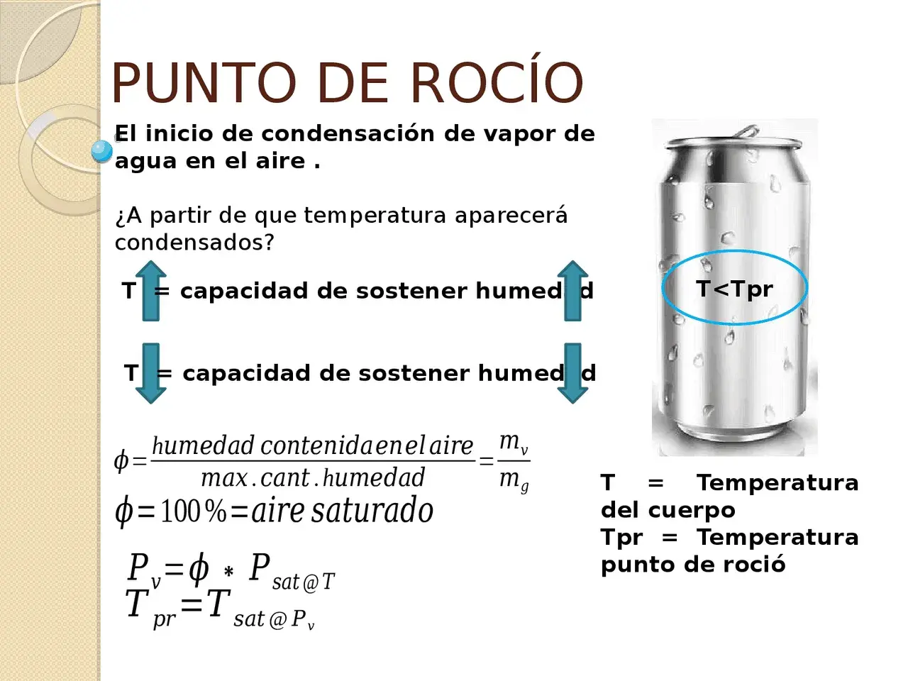 Lata de refresco con gotas de condensación. El texto explica el concepto de temperatura de rocío y cómo afecta la condensación del vapor de agua en el aire.