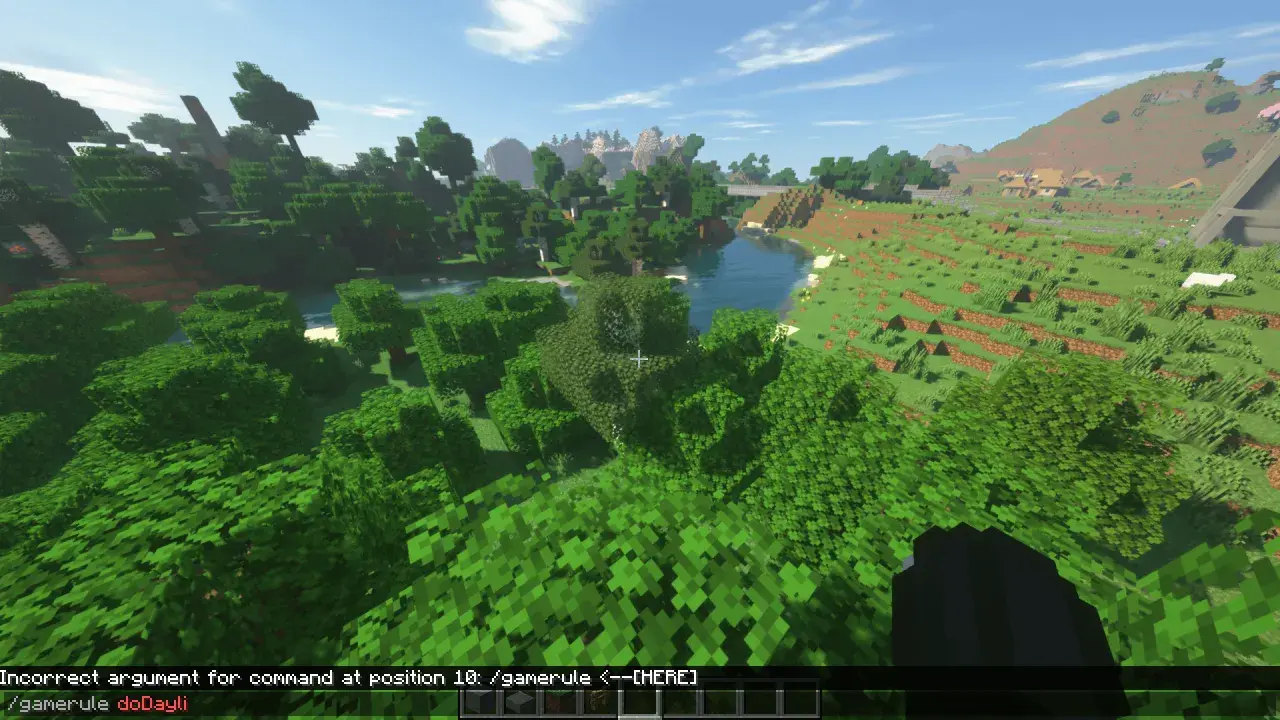 Piękny krajobraz w Minecraft, idealny do nauki, jak zrobić dzień w mc. Widać rzekę, las i wzgórza.