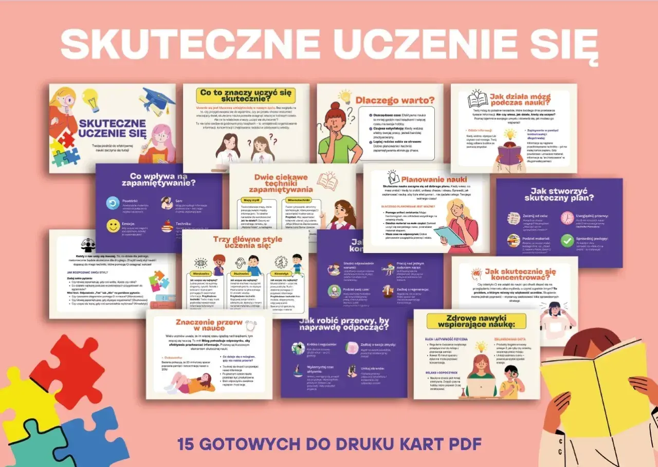 Ilustracja z kartami PDF o skutecznym uczeniu się, z grafikami i tekstem.