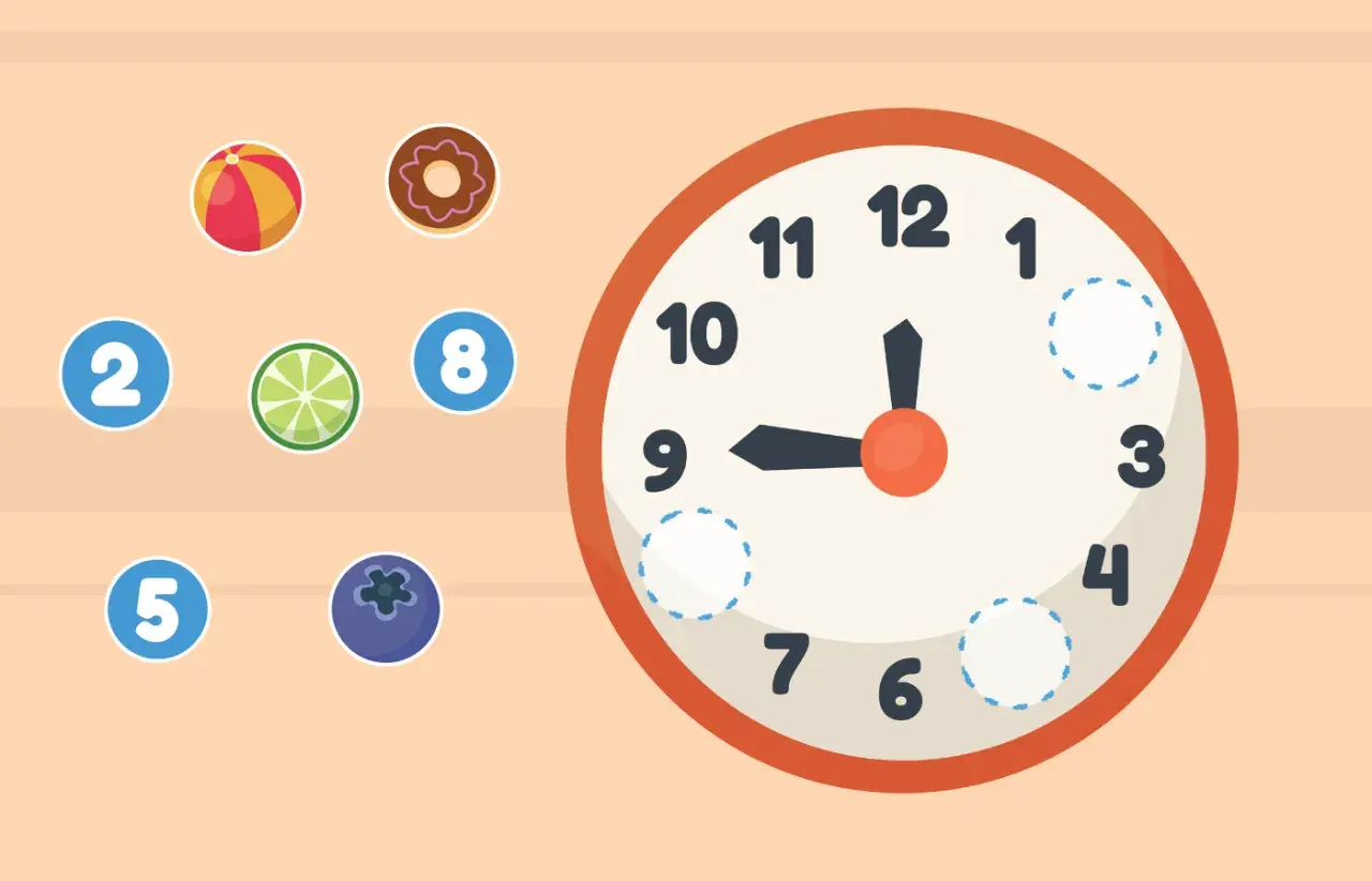 Spielerisch lernen Kinder die Uhr: Bälle, Donuts und Früchte helfen, die Zeit zu verstehen.