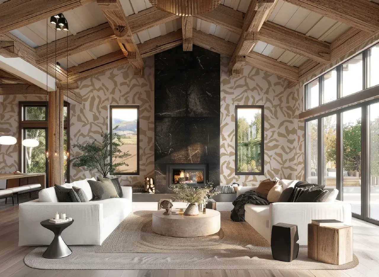 Gemütliches Wohnzimmer im modernen Landhausstil mit sichtbaren Holzbalken, Kamin und großen Fenstern.