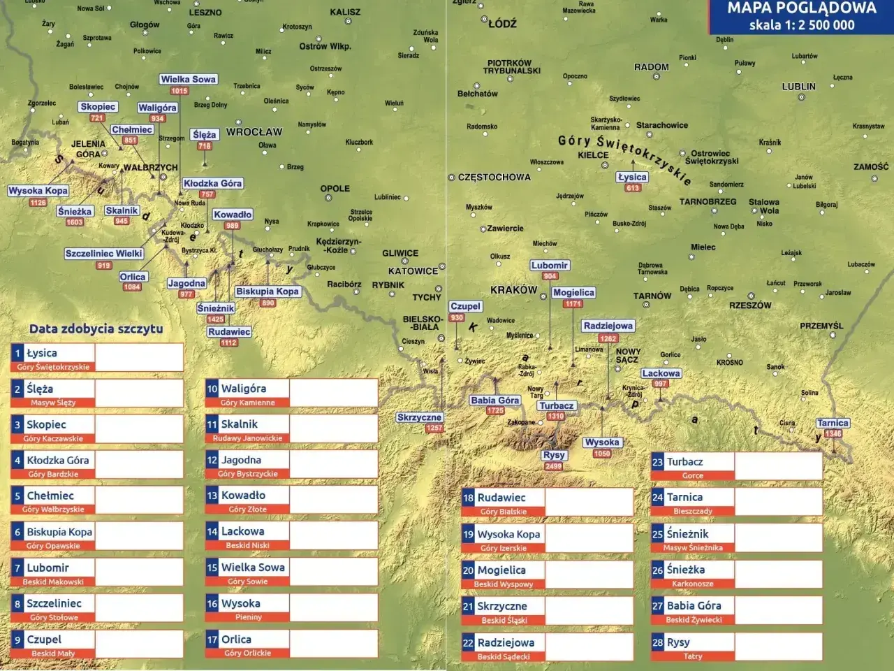 Mapa przedstawia korona gór polskich z zaznaczonymi szczytami i ich wysokościami.