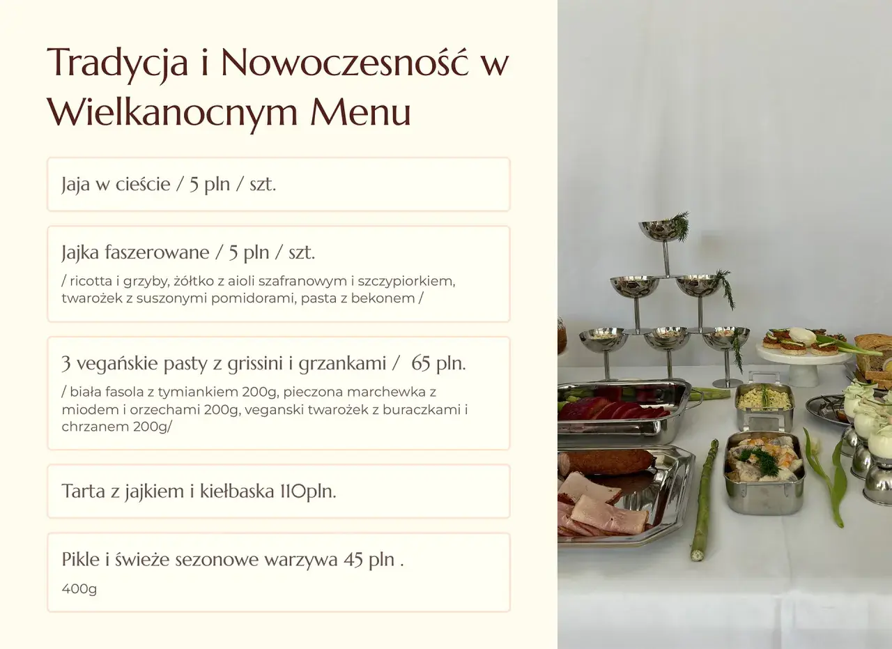 Tradycja i nowoczesność w wielkanocnym menu. Oferujemy catering wielkanocny Warszawa: jajka faszerowane, wegańskie pasty, tartę z kiełbaską i warzywa.