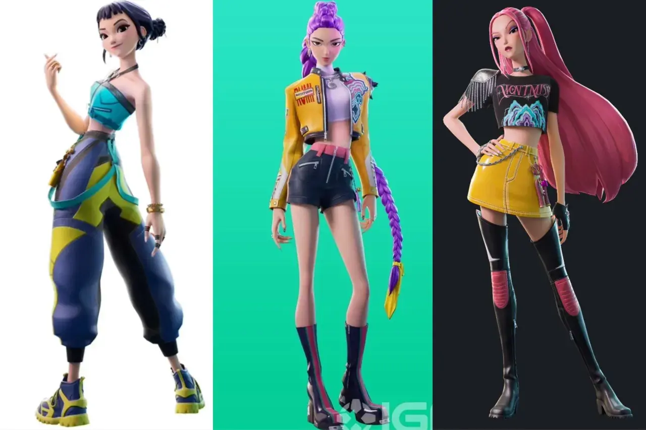 Trzy postacie w stylu Fortnite: Zoey w niebieskim topie i kolorowych spodniach, dziewczyna w żółtej kurtce i czarnych szortach, oraz kolejna w czarnym topie i żółtej spódniczce.