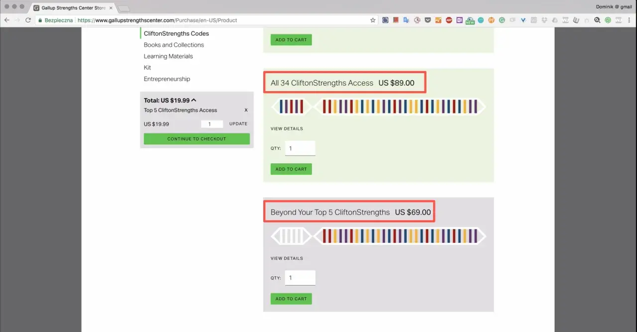 Strona sklepu Gallup. Oferta "All 34 CliftonStrengths Access" za 89 USD. Test gallupa.