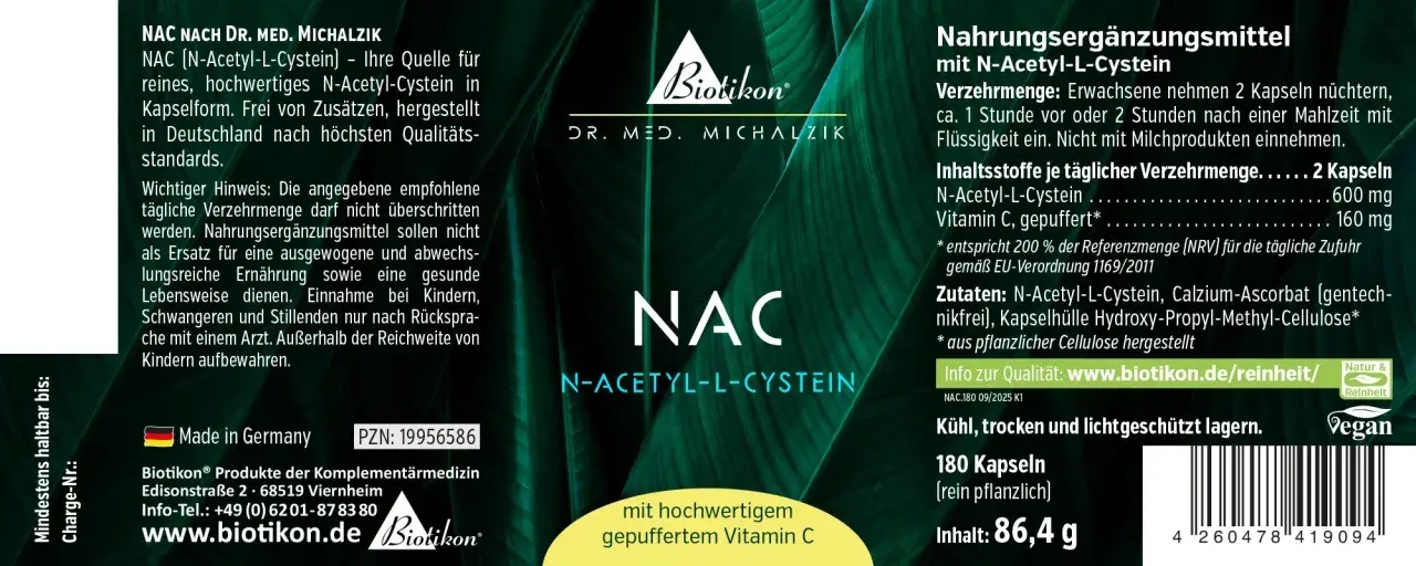 Hochwertiges NAC (N-Acetyl-L-Cystein) von BiotiKon, 180 vegane Kapseln. Tägliche Verzehrmenge beachten für optimale nac wirkung.