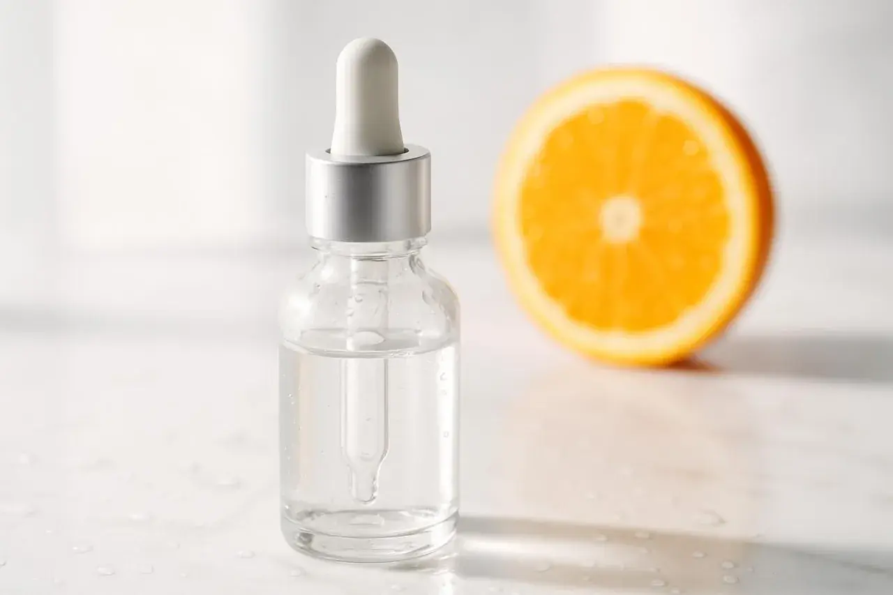 Siero con vitamina C per combattere le macchie della pelle, accanto a una fetta d'arancia.