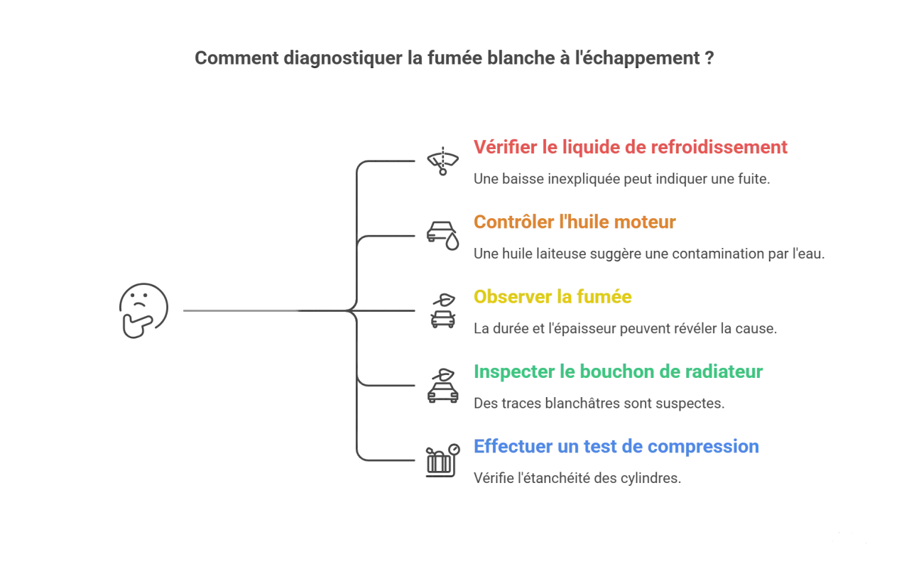 Diagnostic de la fumée blanche à l'échappement : vérifier le liquide, l'huile, observer la fumée, inspecter le bouchon et tester la compression.
